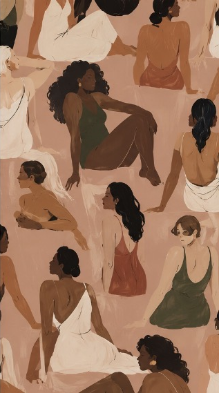 Somae's original illustrated pink wallpaper showing women of different skin tones, hairstyles and body types